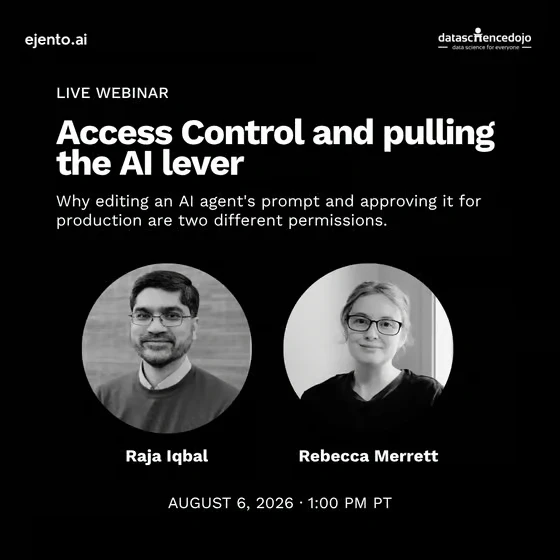 Live webinar card for Access control and pulling the AI lever, featuring speakers Raja Iqbal and Rebecca Merrett