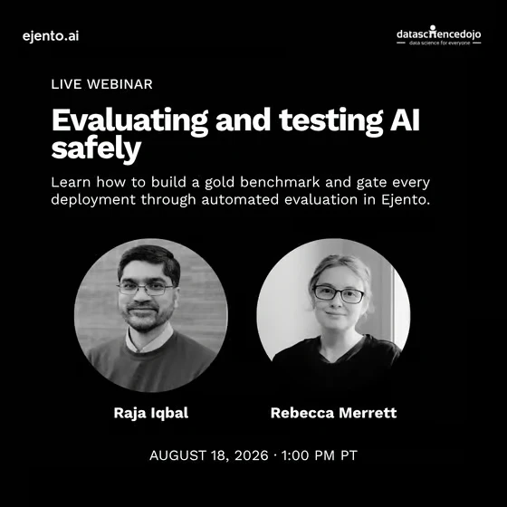 Live webinar card for Evaluating and testing AI safely, featuring speakers Raja Iqbal and Rebecca Merrett