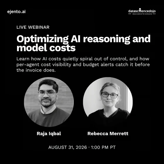 Live webinar card for Optimizing AI reasoning and model costs, featuring speakers Raja Iqbal and Rebecca Merrett