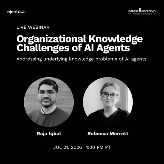 Live webinar card for Organizational knowledge challenges of AI agents, featuring speakers Raja Iqbal and Rebecca Merrett
