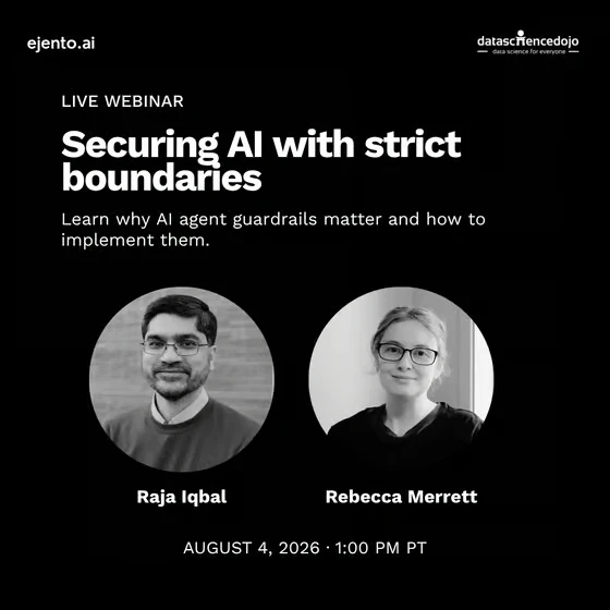 Live webinar card for Securing AI with strict boundaries, featuring speakers Raja Iqbal and Rebecca Merrett
