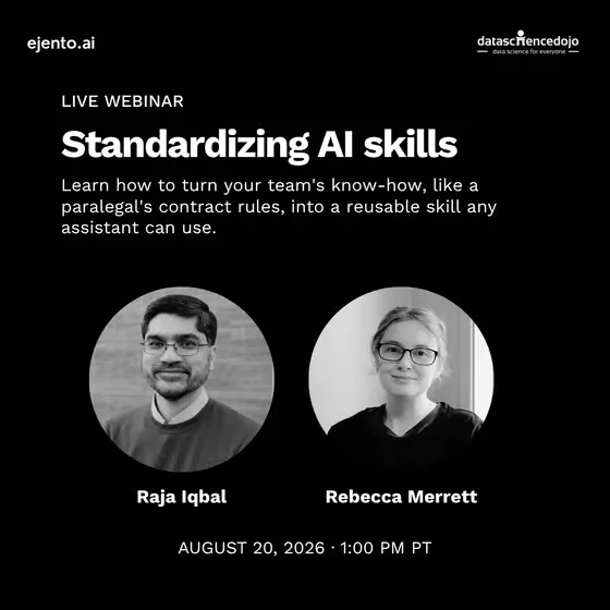 Live webinar card for Standardizing AI skills, featuring speakers Raja Iqbal and Rebecca Merrett